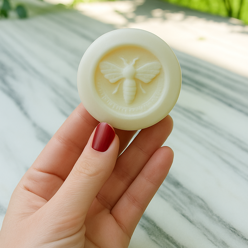 Hand holding a round white solid lotion bar with a bee design against a marble surface.