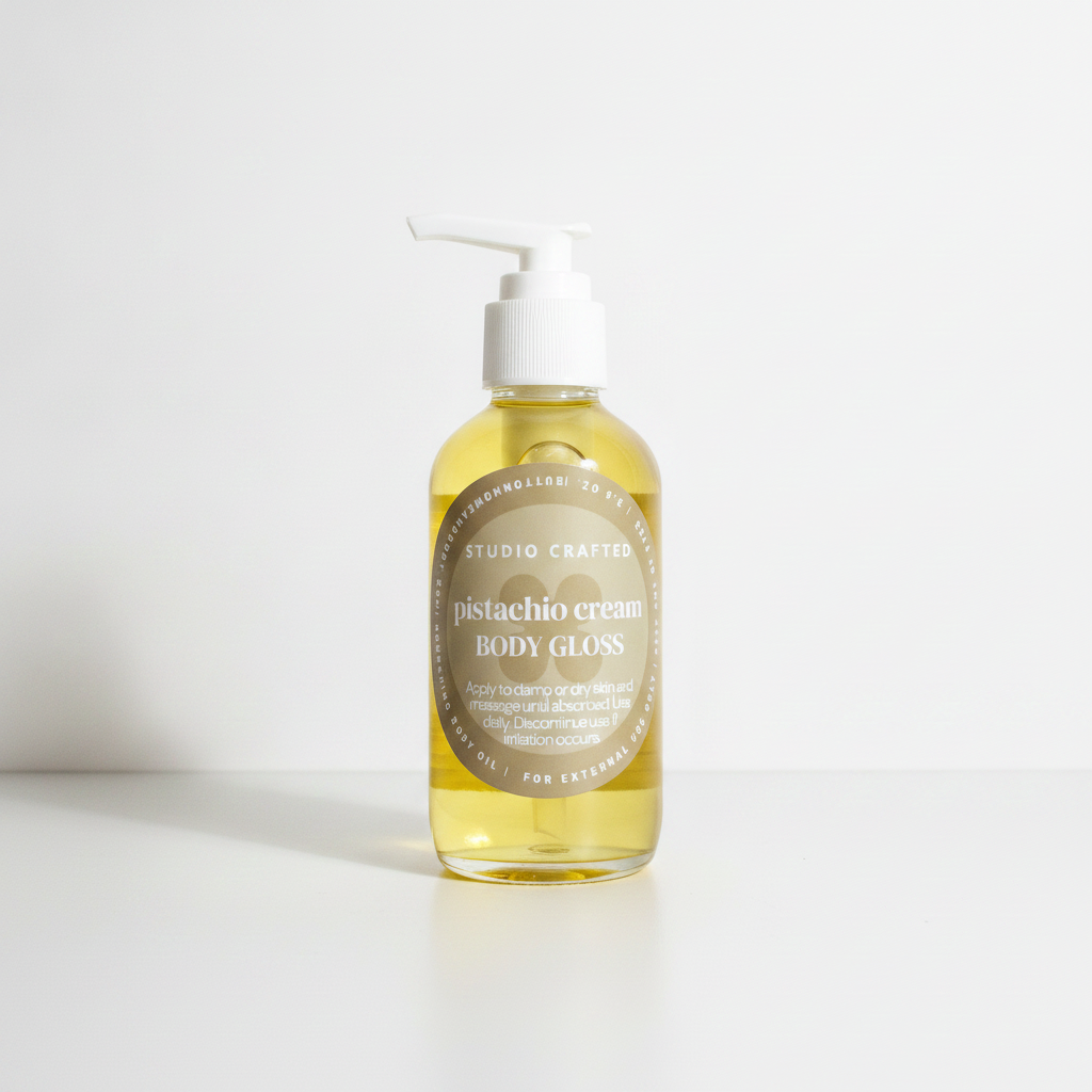 pistachio cream body gloss body oil in a glass bottle with pump
