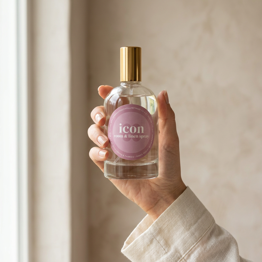 Icon room and linen spray held upright in a hand beside a sunlit window.
