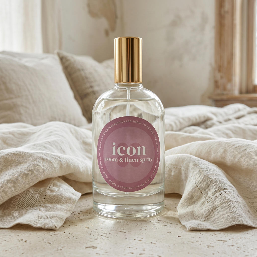 Icon room and linen spray on pale stone beside textured ivory bedding.
