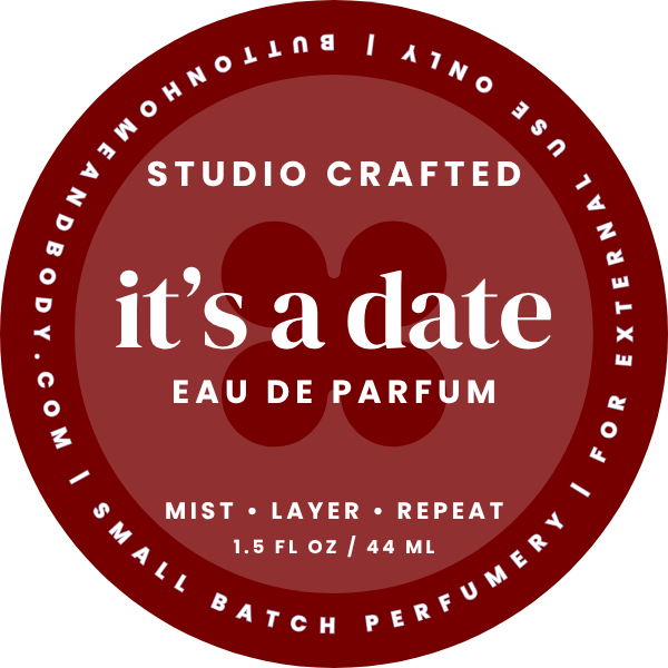 Button It's a Date Eau de Parfum vanilla maple gourmand fragrance in clear glass bottle with gold cap