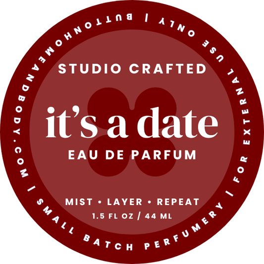 Button It's a Date Eau de Parfum vanilla maple gourmand fragrance in clear glass bottle with gold cap