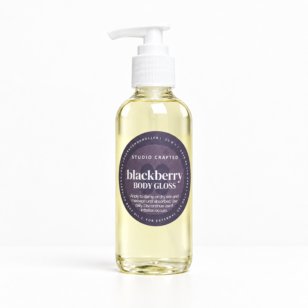 Blackberry Body Gloss body oil bottle on a white background