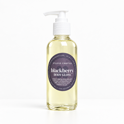 Blackberry Body Gloss body oil bottle on a white background